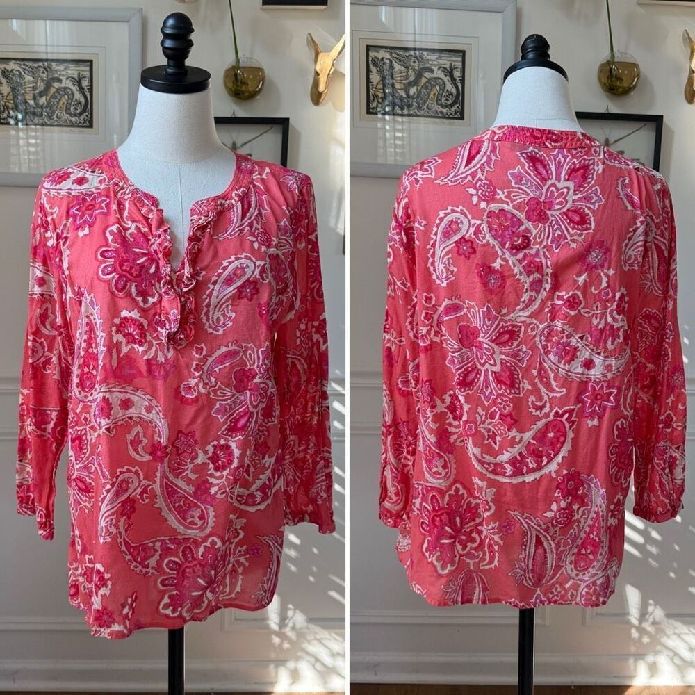 Talbots Whisper Weight Cotton Batik Print Tunic Pink Salmon L